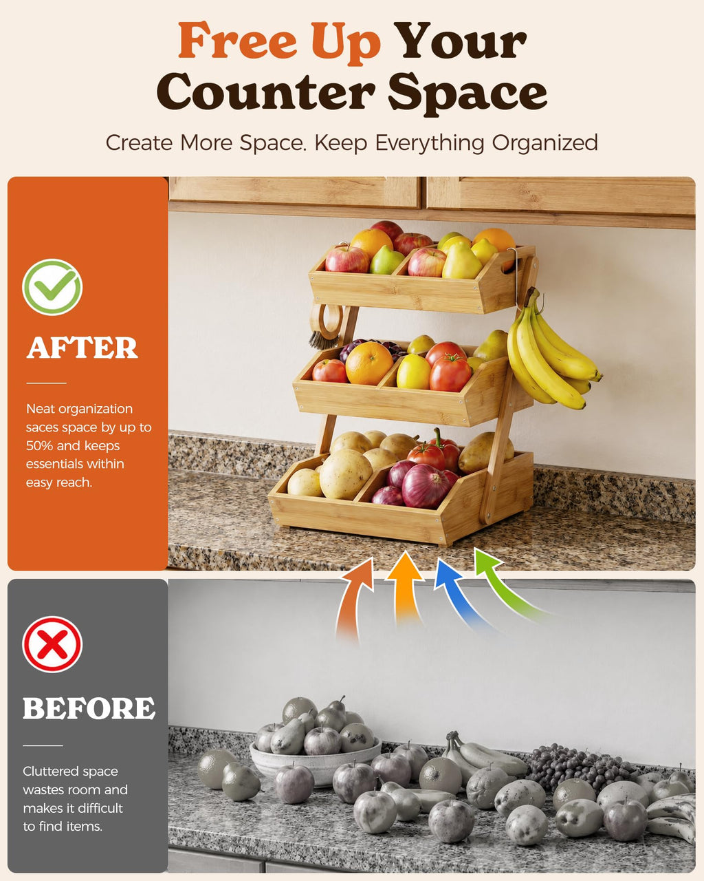 3-Tier Bamboo Fruit Basket with 2 Banana Holders R394
