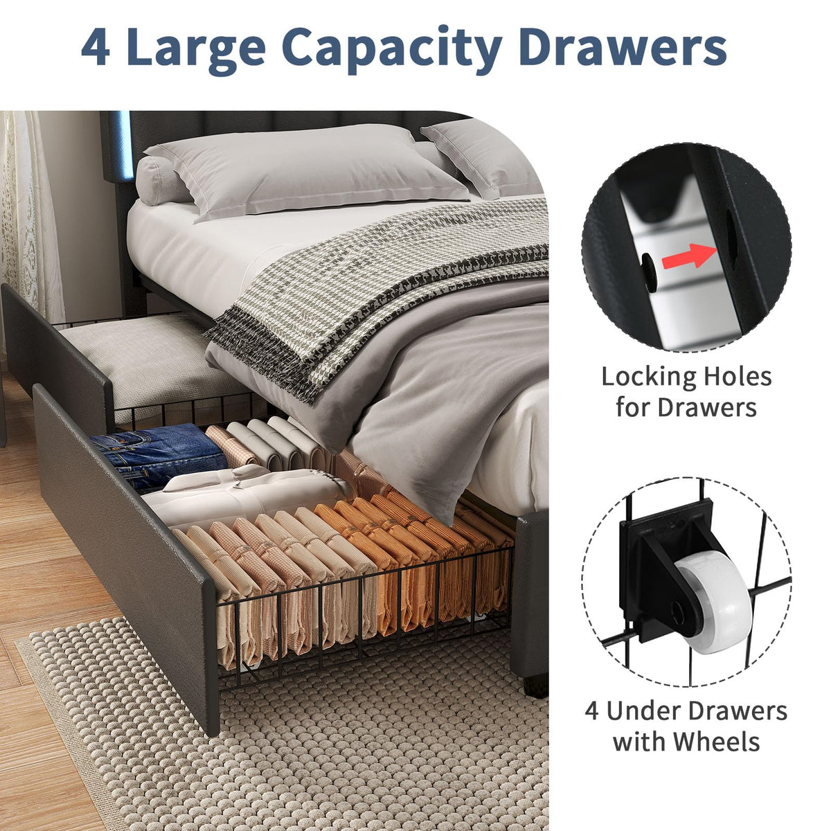 Black Full Size Upholstered Bed Frame with 4 Drawers and LED Lights V978