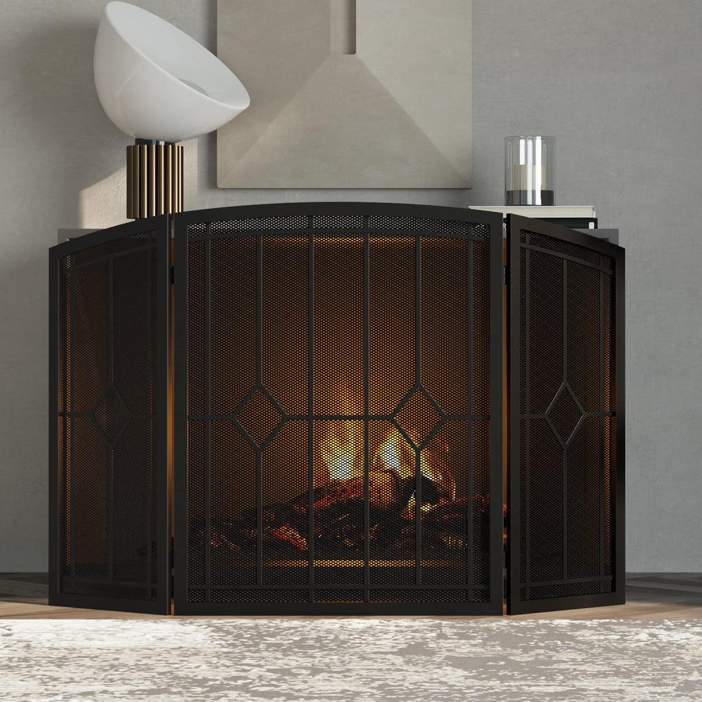 Wrought Iron Fireplace Screen 48"x30" Black Spark Guard E128694