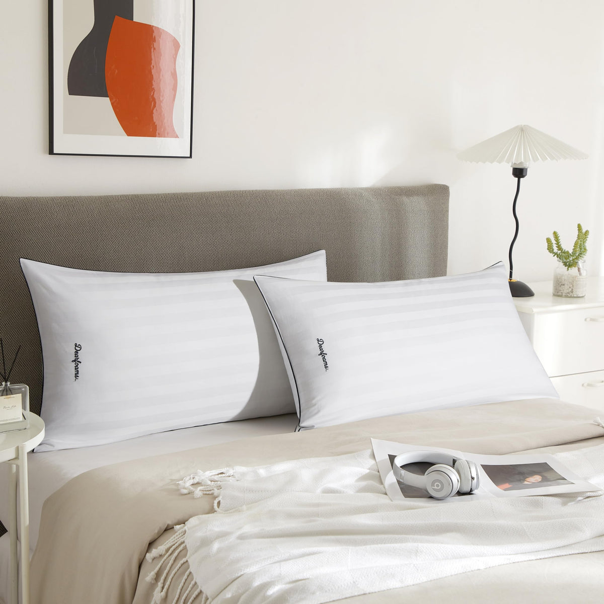 Set of 2 King Size Cotton Stripe Down Alternative Bed Pillows L59615