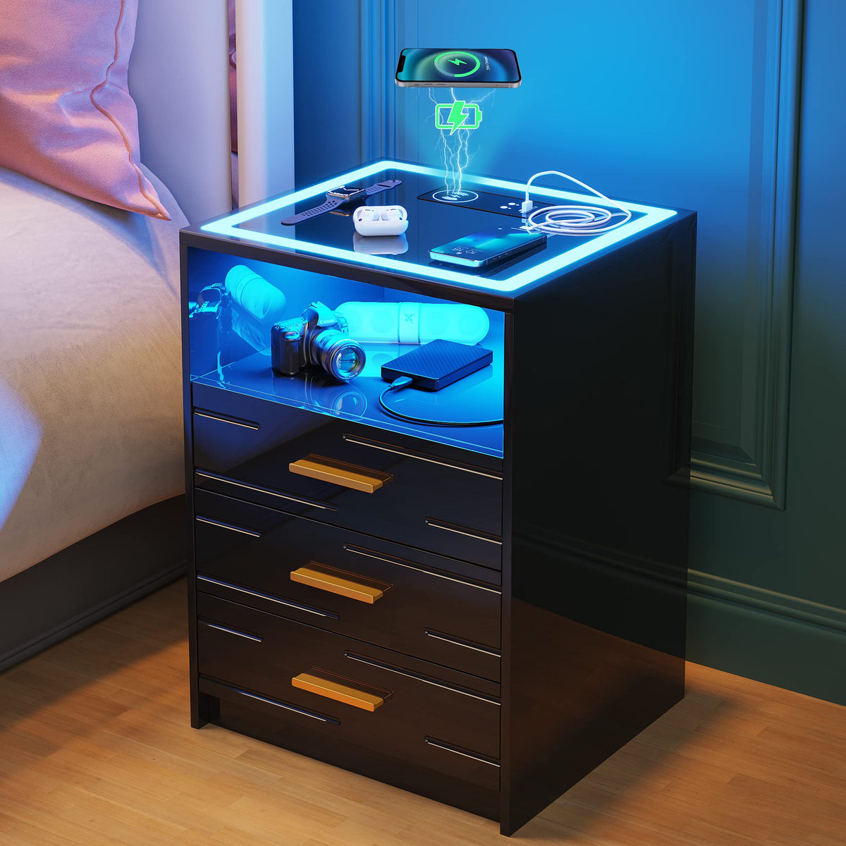 Black High Gloss Nightstand with Wireless Charging Station C615
