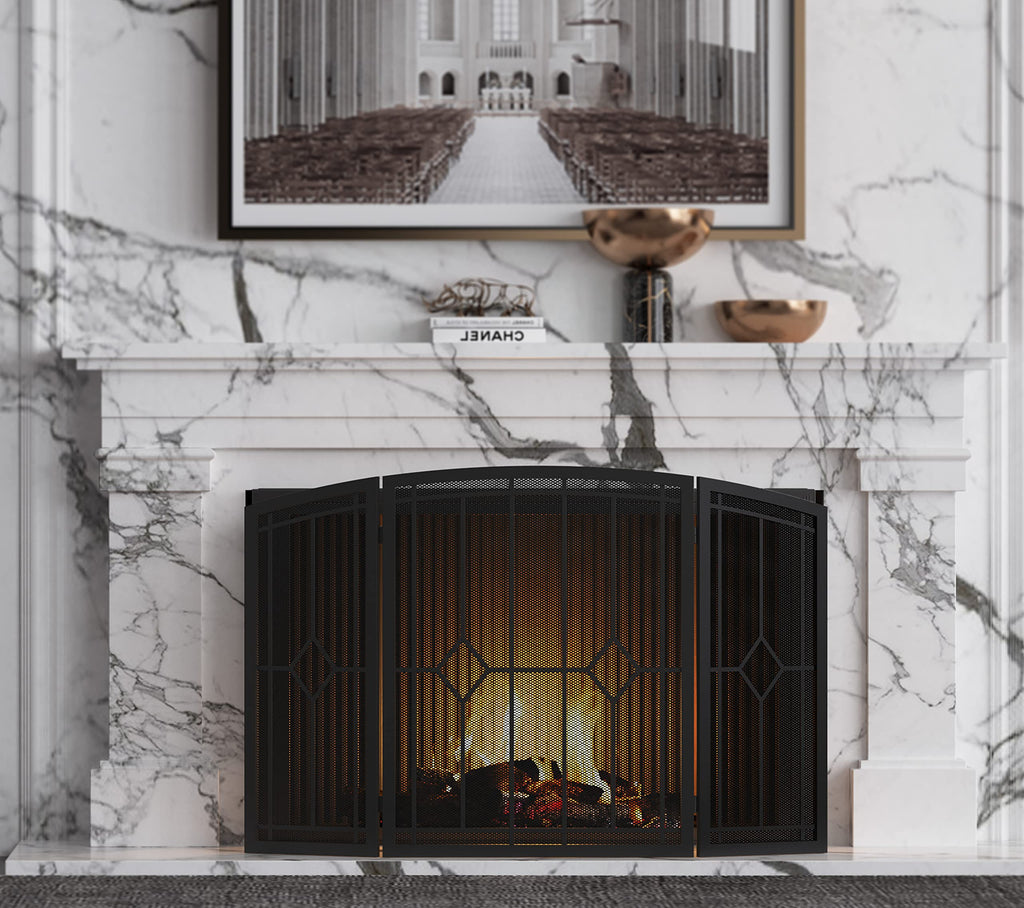 Wrought Iron Fireplace Screen 48"x30" Black Spark Guard E128694