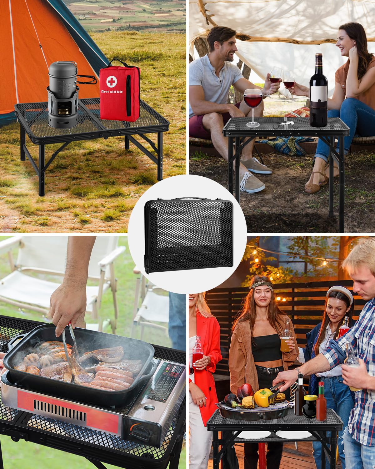 Folding Height Adjustable Aluminum Grill Table with Mesh Desktop and Mesh Bag, Black, 23.6×15.7 inch L458171