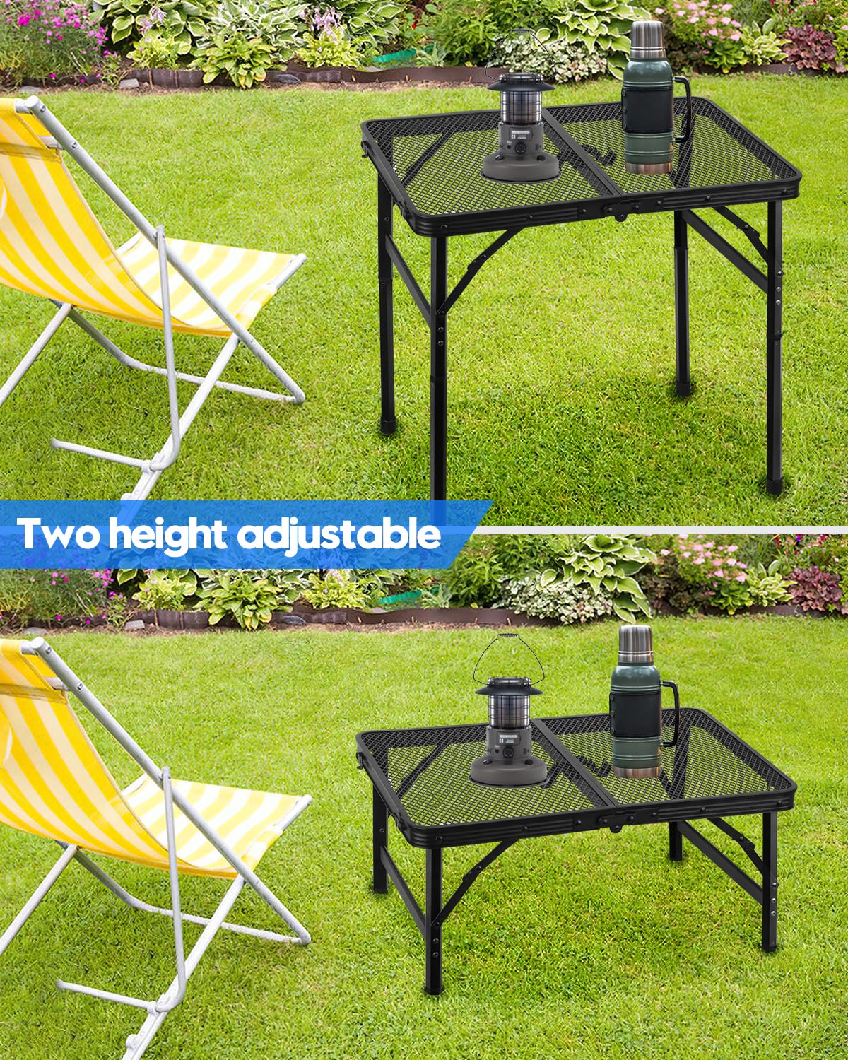 Folding Height Adjustable Aluminum Grill Table with Mesh Desktop and Mesh Bag, Black, 23.6×15.7 inch L458171