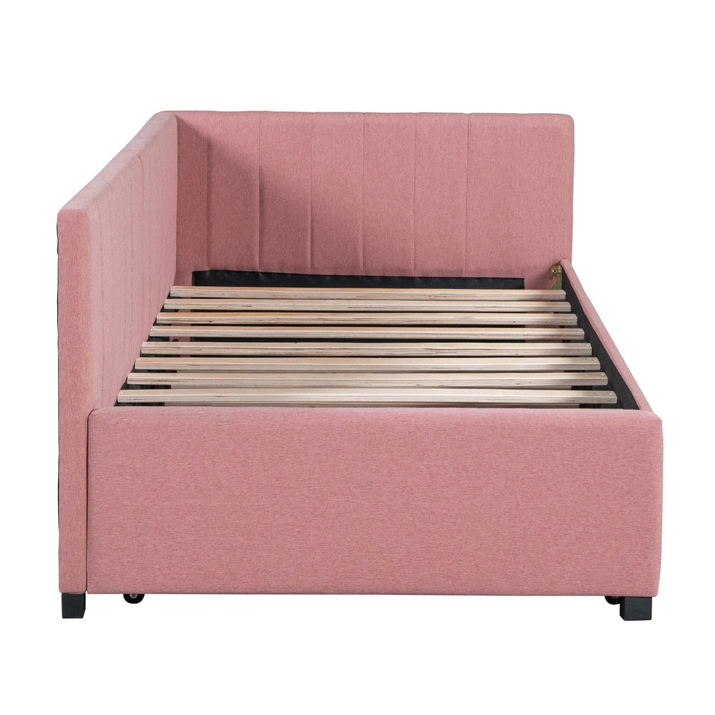 Pink Linen Fabric Twin Size Daybed with Trundle I98301