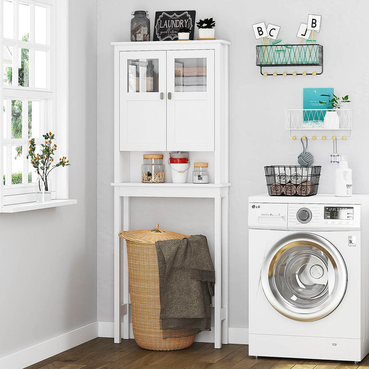 White Over the Toilet Storage Cabinet with Glass Doors C75761