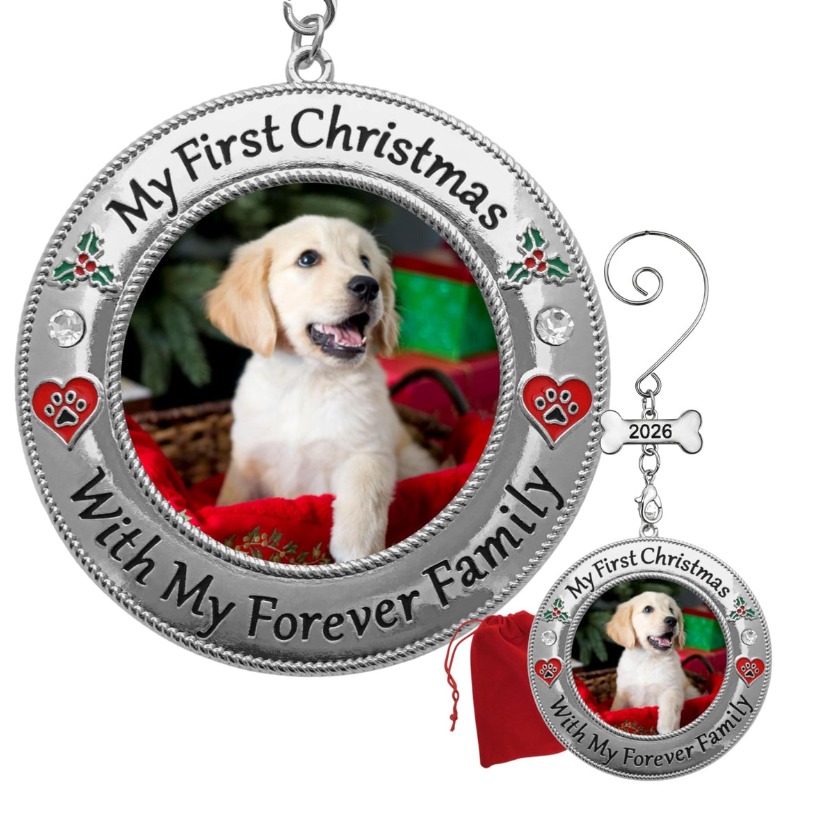 Dog Photo Ornament with Red Heart, 3 Inch D2158
