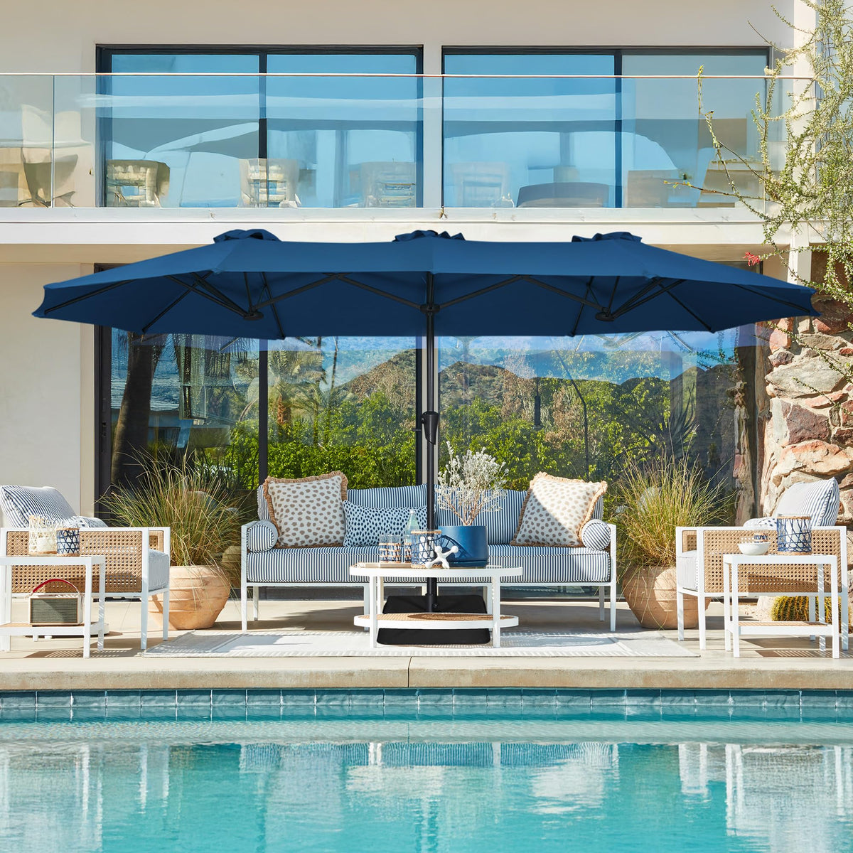 13FT Double Sided Navy Blue Patio Umbrella with Base H989660