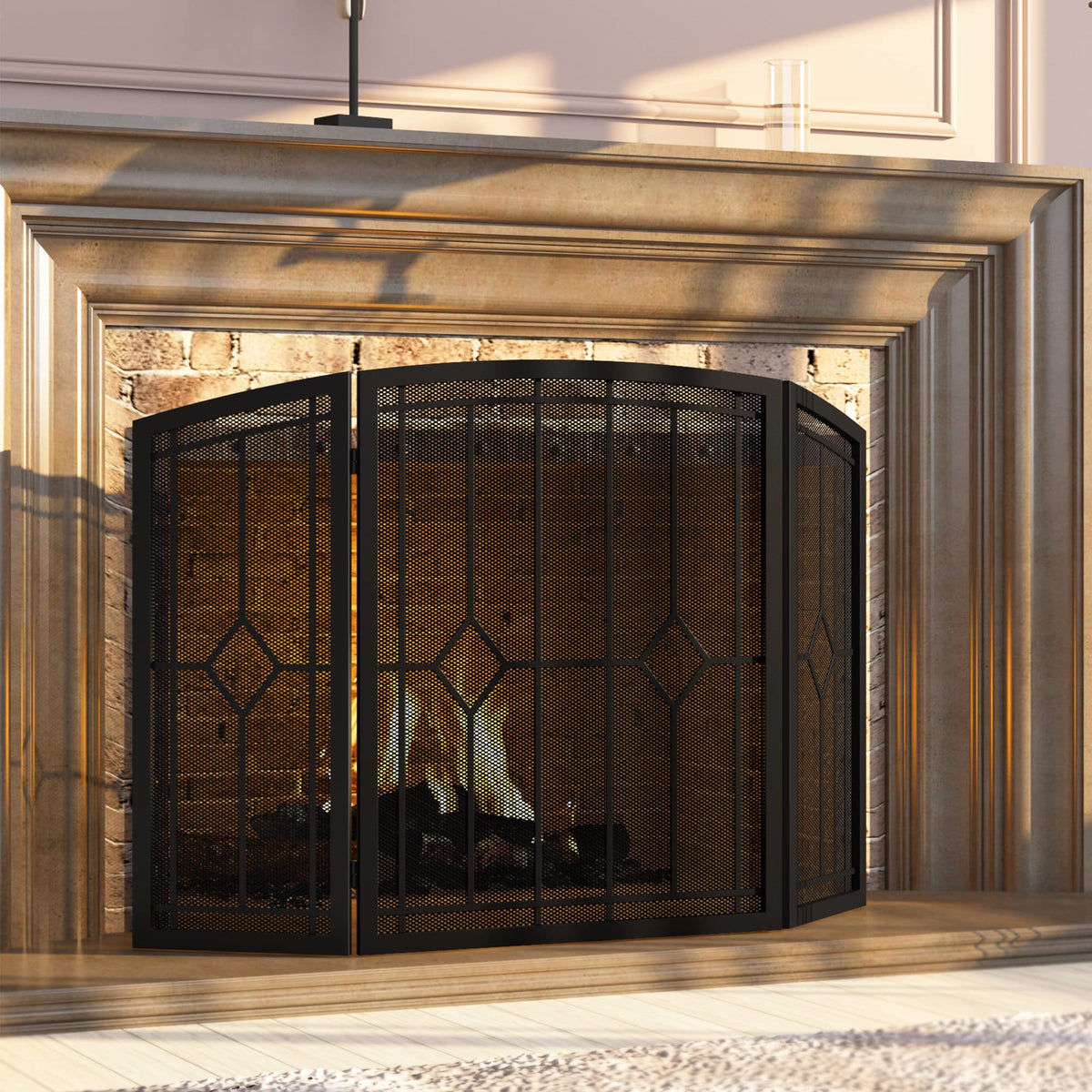 Wrought Iron Fireplace Screen 48"x30" Black Spark Guard E128694