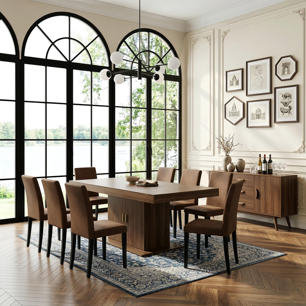 Brown 9 Piece Extendable Dining Table Set with 8 Suede Chairs A8405