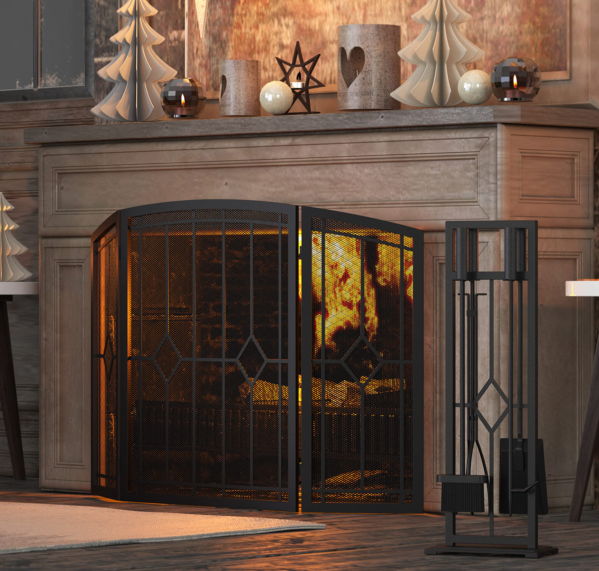 Wrought Iron Fireplace Screen 48"x30" Black Spark Guard E128694