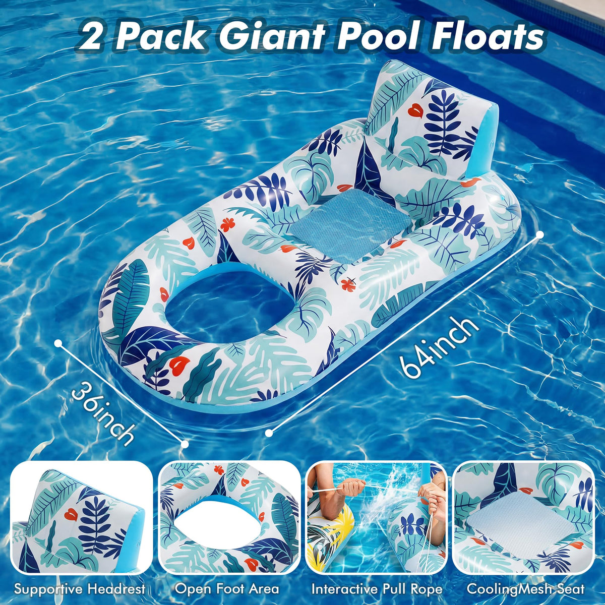 2 Pack Adult Pool Float Lounger with Cup Holders X23277