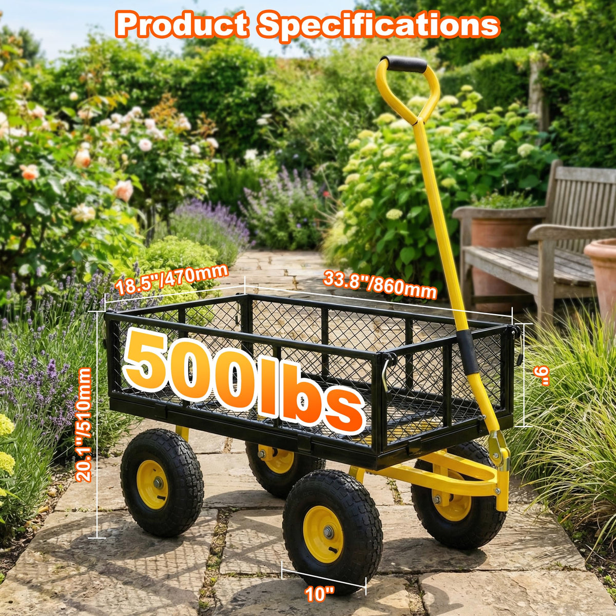 Heavy Duty Steel Garden Cart with Handle & 10" All Terrain Tires G265