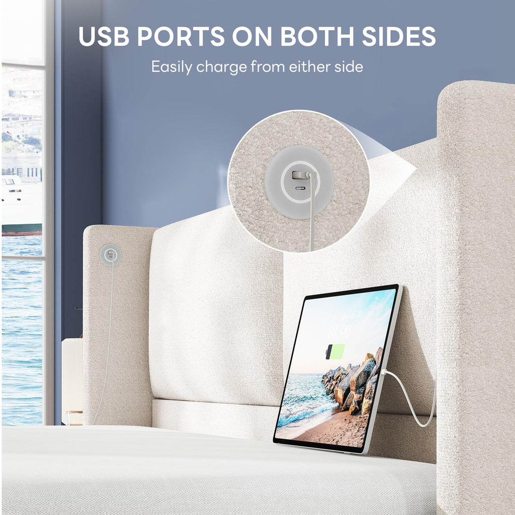 Queen Bed Frame with USB Ports & Wingback Headboard R73130