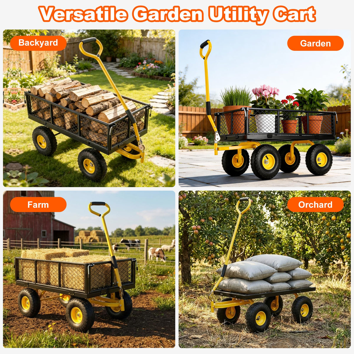 Heavy Duty Steel Garden Cart with Handle & 10" All Terrain Tires G265